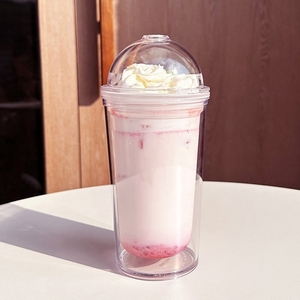 แก้วพลาสติกสองชั้นใส 530 มล. พร้อมฝาโดมแบบแบน แก้วกาแฟเย็นแบบใช้ซ้ำได้ พร้อมหลอด - Product Image 1