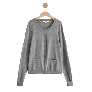 Cardigan gris en coton doux et riche en fibres, col rond, manches longues, boutons sur le devant, tricoté avec poches, pour la vente en gros de vêtements en vrac. - Product Image 3