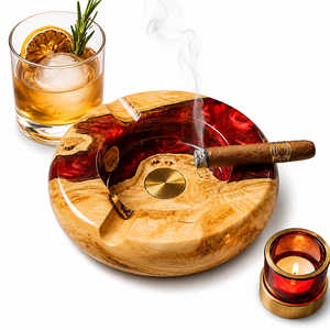 Cenicero Redondo de Madera de Lujo con Incrustaciones de Resina Roja, Cenicero Moderno Hecho a Mano para Cigarros, Portátil y Personalizable - Product Image 2