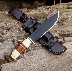 Cuchillo de Supervivencia para Exteriores de Acero de Damasco de Alta Calidad al por Mayor, Mango de Cuero, Borde Dentado, Punta Caída - Product Image 3