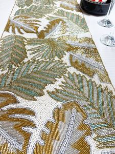 Handmade Fabric Luxury Table <b>Runner</b> Customized Bohemian Tropical Leaf Design 5mm Thick Cream Gold <b>Green</b> Matte Finish - Product Image 4