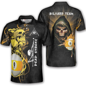 Men's Billiard Team Polo <b>Shirt</b> Black Short Sleeve Printed Skulls 9 Ball Design <b>Gothic</b> Style Breathable Sport Wear - Product Image 1