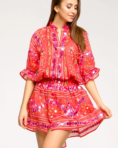 Holiday Look Style <b>Red</b> Cotton Mini Dress Natural Waist Breathable Featured Embroideries <b>Sequins</b> Stand Collar - Product Image 1