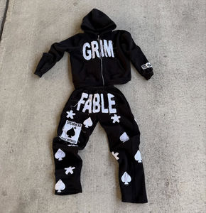 Ensemble de sweat-shirts à capuche Y2K 2 pièces en coton 100% avec imprimé encre blanche, poche et manches raglan, style streetwear décontracté et oversize - Product Image 1