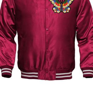 Men's <b>Burgundy</b> Varsity <b>Jacket</b> Embroidered Butterfly Design Stand Collar Casual Breathable High Street Winter Polyester Material - Product Image 4
