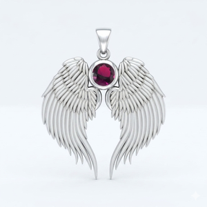 Pendentif Aile d'Ange Gardien en Grenat, Pierre de Naissance, Plaqué Argent avec Cristal Rond 3 cm, Breloque Aile Céleste, Bijou Pierre de Naissance - Product Image 1
