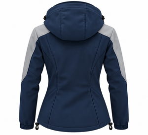 Chaqueta Softshell Azul Marino Personalizada para Mujer con Capucha, Paneles Grises, Impermeable, Bolsillos con Cremallera, Puños Ajustables, Abrigo para Exteriores OEM - Product Image 2