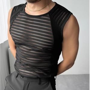 Men's Black <b>Mesh</b> Tank <b>Top</b> O-Neck Striped Hollow Out Breathable Knitted Street Style Spandex Polyester - Product Image 1