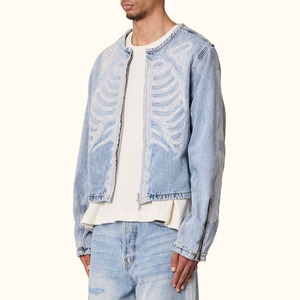 Wholesale New Arrival Washed Blue Cropped <b>Jackets</b> Long Sleeve Collarless Zipper Jean <b>Jacket</b> Men - Product Image 4