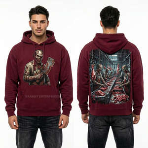 Sweat à capuche personnalisé rouge bordeaux pour homme, imprimé graphique Boucher Zombie, streetwear, molleton de coton épais, coupe oversize - Product Image 1