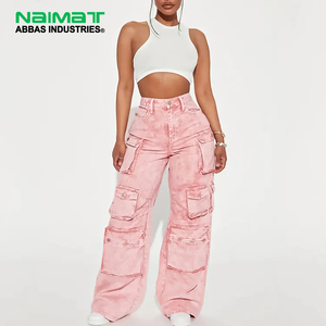 Jean cargo rose taille haute pour femme, coupe ample et large, multi-poches, en denim de coton, pantalon tendance - Product Image 1