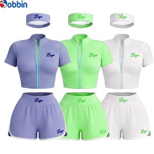 Conjunto de 2 Piezas de Chaqueta Corta y Pantalones Cortos Deportivos Casuales de Moda Hip Hop, Ajustados, de Spandex/Poliéster, con Cierre, para Mujer, Verano - Product Image 2