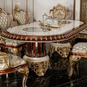 Ensemble de table à manger de style royal classique haut de gamme en bois d'acajou avec sculpture en feuille d'or et plateau brillant, 6 places, pour salle à manger de villa - Product Image 3