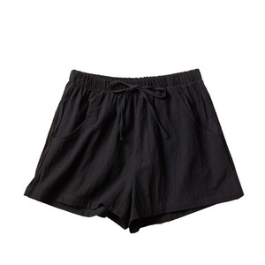 Shorts en coton taille haute pour femmes avec cordon de serrage et poches, coupe ample, style décontracté, couleur noire unie - Product Image 2
