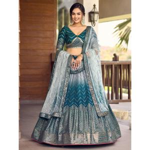 Impressionnant bleu sarcelle paillettes Chinon Sangeet porter Lehenga Choli avec Dupatta - Product Image 2