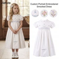 Robe brodée smockée sur mesure Jiefute en gros, robe blanche smockée à la main pour filles, robe de portrait pour mariage, robe de demoiselle d'honneur