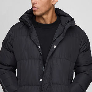 Custom Logo <b>Men's</b> <b>Long</b> <b>Black</b> Hooded Puffer Jacket Windproof Zipper Closure Polyester Filling Casual Winter <b>Coat</b> Regular Fit - Product Image 3