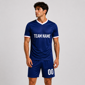 Maillot de football bleu pour homme, col en V, manches courtes, personnalisable avec le nom de l'équipe, ensemble uniforme en polyester anti-humidité avec poches - Product Image 4