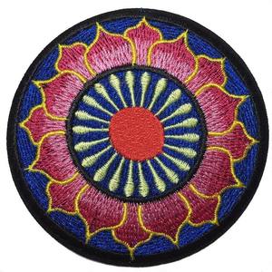 Circular Embroidered <b>Patch</b> With Floral Design Red Center Pink Petals Blue Background Handmade <b>Sew</b>-<b>On</b> Fabric Applique - Product Image 6