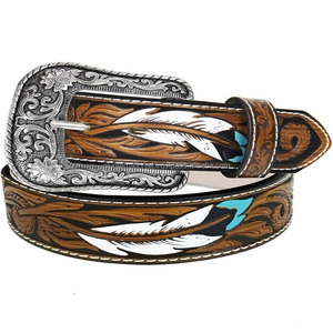 Customized hand carved <b>feather</b> design embossed men's fashion western leather tooling belt with interchangeable western buckle - Product Image 2