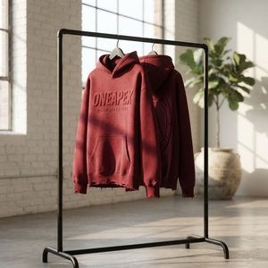 Sweat à capuche personnalisé pour homme, rouge bordeaux, en molleton épais délavé, coupe oversize, effet vieilli, avec logo en relief, style streetwear, OEM ODM - Product Image 4