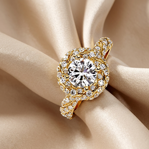 Anillo Vintage con Halo en Espiral, Oro Puro de 14K, Diamante Cultivado en Laboratorio de Corte Redondo, Certificado IGI VS, Anillo de Compromiso, Banda Trenzada - Product Image 1