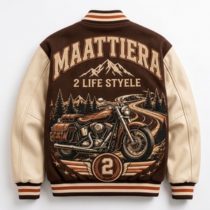 <b>Men</b> Brown Letterman <b>Jacket</b> <b>Cream</b> Leather Sleeves Motorcycle Graphic Embroidered Design Snap Front Ribbed Streetwear - Product Image 3
