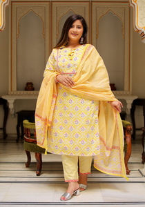 Lehariya Kurti <b>Pant</b> Dupatta Set Cotton Floral Embroidered Yellow Round Neck <b>Three</b> <b>Quarter</b> Sleeve Plus Size Women Wholesale - Product Image 5
