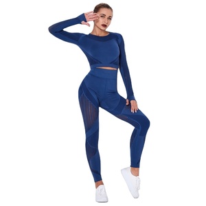 Women fitness wear high compression <b>mesh</b> gym <b>two</b> <b>piece</b> <b>set</b> elastic pleated workout activewear top quality - Product Image 2
