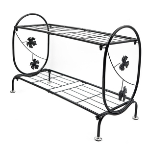 2 Tier Iron Shoe Rack Stand Metal Wire Shoe <b>Shelf</b> Storage <b>Organizer</b> With Decorative Leaf Trim For Living Room Black Finish - Product Image 1