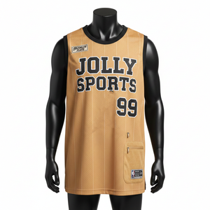 Camiseta de baloncesto para hombre, sin mangas, con ribete de malla de poliéster GSM, estampado personalizado, con bolsillo, 100% algodón, corte holgado. - Product Image 1