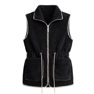 Chaleco polar negro premium para mujer, sin mangas, con cremallera frontal, ropa exterior informal con bolsillos, cuello alto, cálido, para usar en capas. - Product Image 1