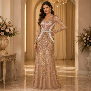 Vestido de Noche de Lujo con Cuello en V y Adornos Dorados para Mujer, Vestido de Sirena con Lentejuelas y Cuentas, Manga Larga, para Fiesta Formal, Boda, Recepción - Product Image 3