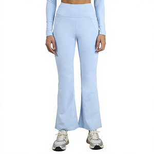 Womens High Waist Flared Leggings Ribbed Stretch <b>Yoga</b> <b>Pants</b> Full Length - Product Image 2