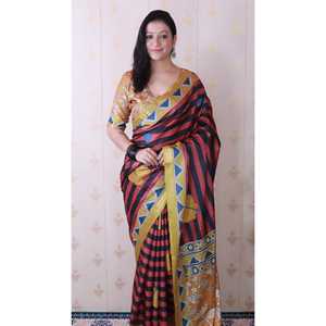 <b>Traditional</b> Printed Zari Woven Saree Red Soft Tussar Silk Striped <b>Shawl</b> and <b>Scarf</b> - Product Image 2
