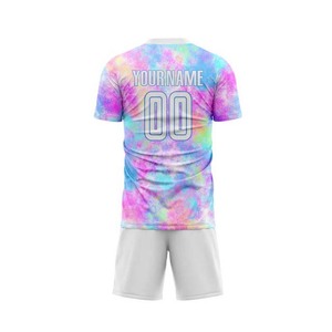Ensemble maillot et short de football tie-dye personnalisé, impression par sublimation, séchage rapide, 100 % polyester, unisexe adulte, col rond, manches courtes - Product Image 3