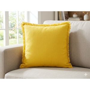 Housse de coussin en lin de qualité supérieure avec bordure à franges |   Housse de coussin carrée décorative jaune vif pour canapé et décoration intérieure - Product Image 1
