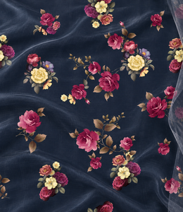 Tissu en organza transparent bleu nuit avec imprimé floral magenta et jaune - Product Image 1