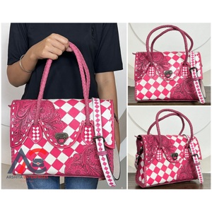 Nuevo Bolso Tote de Cuero Vacuno Hecho a Mano con Diseño a Cuadros Rosa y Blanco, de Gran Capacidad, Elegante Bolso de Hombro para Mujer - Product Image 1