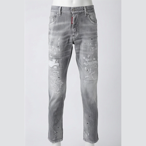 Jean en denim gris déchiré coupe slim pour homme, jambe droite, en coton, style décontracté, délavé, idéal pour le printemps - Product Image 1