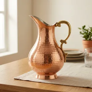 Carafe à eau en cuivre de couleur laiton antique martelé de luxe, pichet en métal gravé à la main, vaisselle, décoration d'intérieur, ustensiles de cuisine, restaurant - Product Image 2