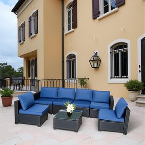 Set di divani da esterno in rattan PE nero da 7 pezzi con tavolo e cuscini blu, mobili da giardino - Product Image 3