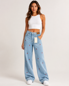 Jean taille haute à jambe large avec broderie cerise, en coton doux, grande taille, pantalon décontracté d'été pour femme, longueur complète, boutonné, OEM - Product Image 4