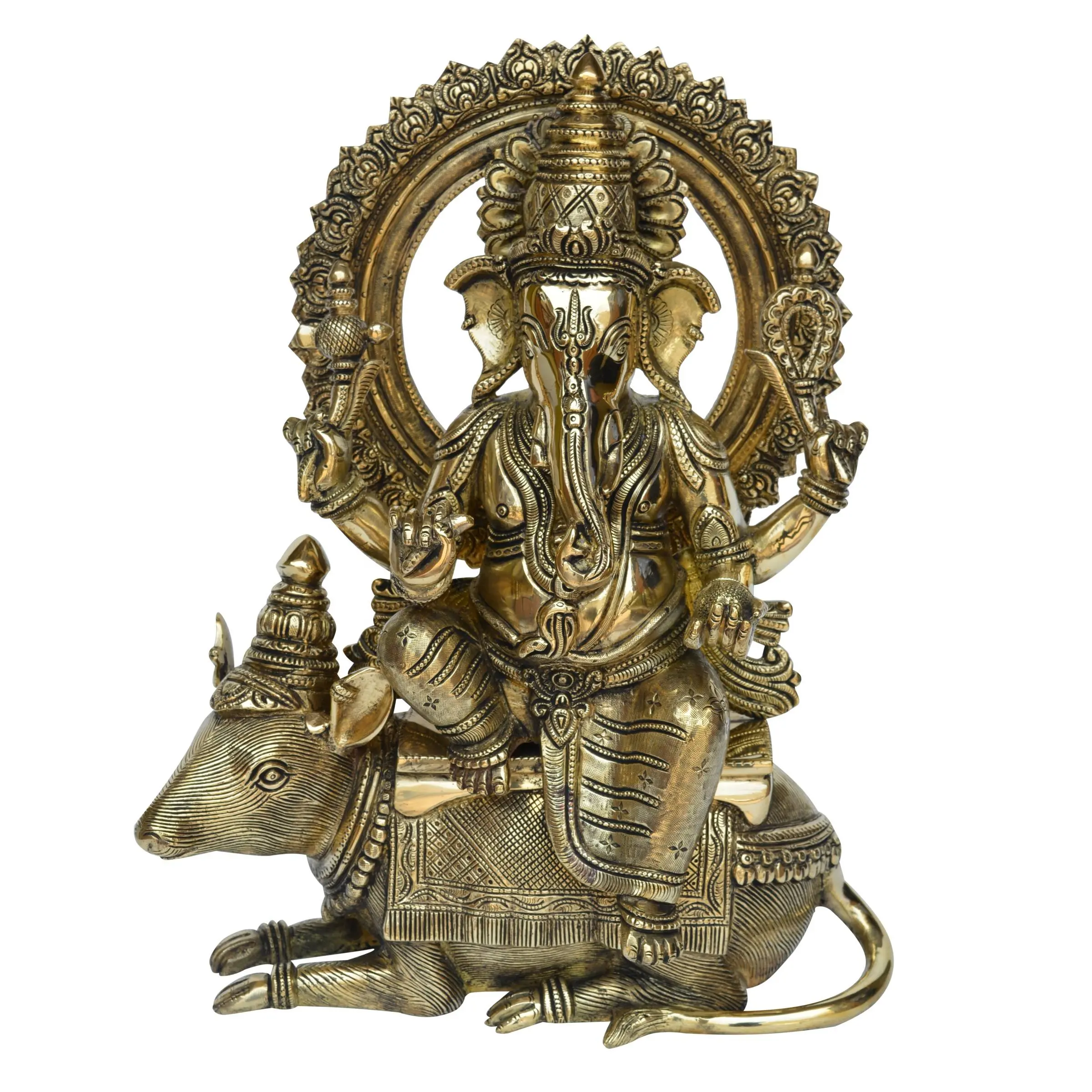 Patung Patung Dewa Ganesha Berlapis Emas, Duduk Di Tikus Antik Kuningan Selesai Patung Patung Ganesha Oleh Seniman Eksportir India