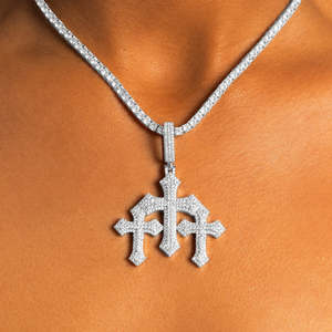 <b>Iced</b> <b>Out</b> Triple Cross Pendant Necklace | Luxury Hip Hop Cross Charm | Micro Pave Religious Pendant with Tennis <b>Chain</b> - Product Image 2