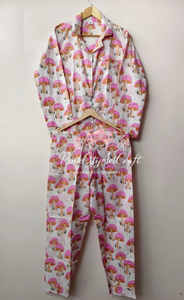 Pink Mushroom Print Cotton Pajama Set for Women Soft Breathable Flock Print Summer Sleepwear Long Sleeve Button-Down <b>PJs</b> - Product Image 2