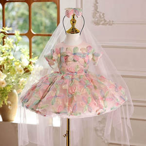 Robe de demoiselle d'honneur en dentelle tulipe de luxe, robe de princesse en tulle fleuri 3D colorée, tenue d'anniversaire et de mariage pour enfant de 1 à 10 ans - Product Image 1