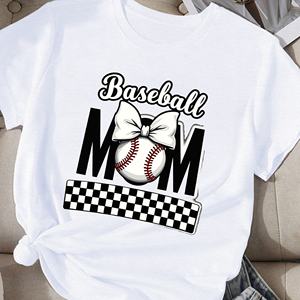Camiseta Casual de Mujer con Diseño de Lazo de Mamá de Béisbol, de Poliéster Tejido, Cuello Redondo, Manga Corta, Corte Regular - Product Image 1