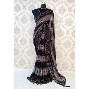DISEÑADOR GEORGETTE SIROSKI BORDER SAREE CON BLUSA SIN COSTURA NEGRO - Product Image 2