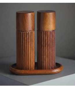 Ensemble de 2 moulins à sel et à poivre modernes en bois d'acacia massif, à réglage de la grosseur, avec anneau doré - Product Image 2
